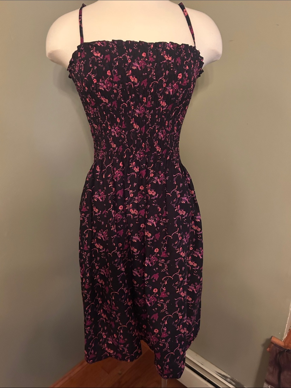 H&M Black Midi Dress with Pink Floral and Birds Pattern and Smocked Bodice